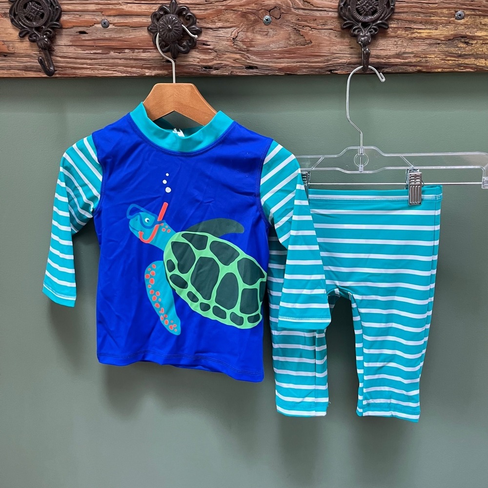 Mini Boden Kids Blue Sea Turtle Rash Guard and Striped Swim Leggings Set 4-5Y